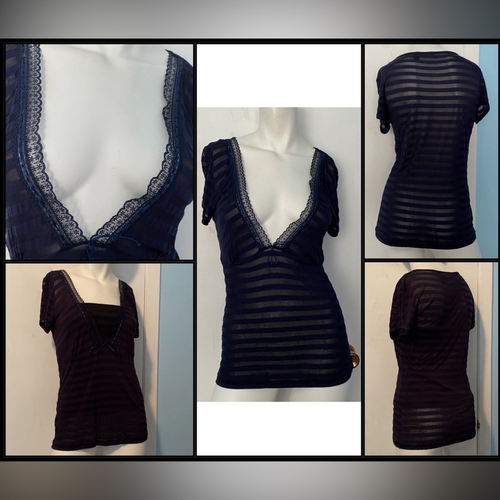 MNG Navy Short Sleeve Sheer blouse